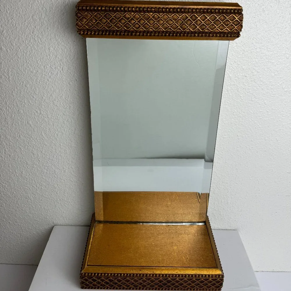 Vintage Gold Leaf Hollywood Mirror w/ Shelf Wood Gold Patina Wall / Table